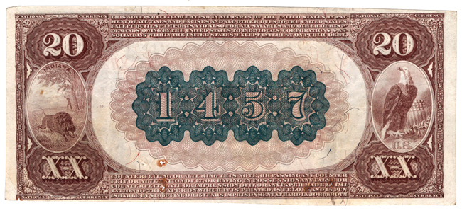 1882 $20 Brown Back - Madison, IN Charter #1457 - VF/internal holes