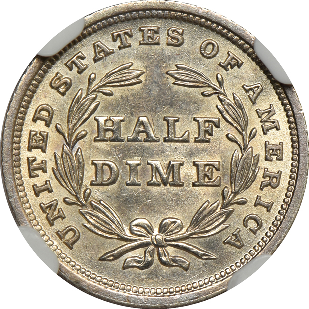 1839 Liberty Seated half-dime NGC MS-61, 1857 Liberty Seated half-dime PCGS MS-64, and an 1887 Liberty Seated dime PCGS MS-62