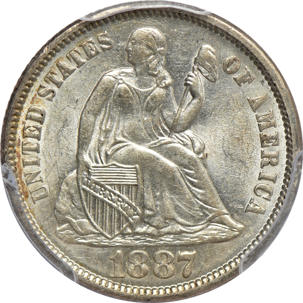 1839 Liberty Seated half-dime NGC MS-61, 1857 Liberty Seated half-dime PCGS MS-64, and an 1887 Liberty Seated dime PCGS MS-62