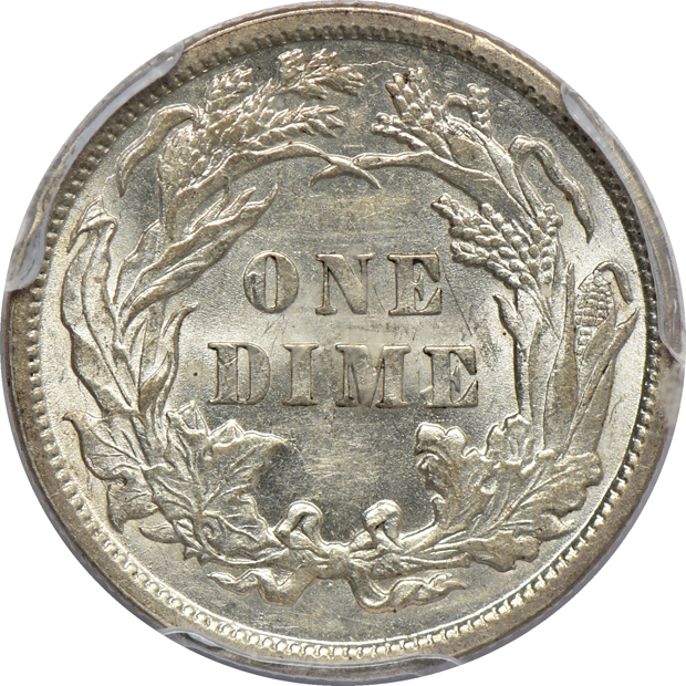 1839 Liberty Seated half-dime NGC MS-61, 1857 Liberty Seated half-dime PCGS MS-64, and an 1887 Liberty Seated dime PCGS MS-62