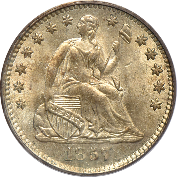 1839 Liberty Seated half-dime NGC MS-61, 1857 Liberty Seated half-dime PCGS MS-64, and an 1887 Liberty Seated dime PCGS MS-62