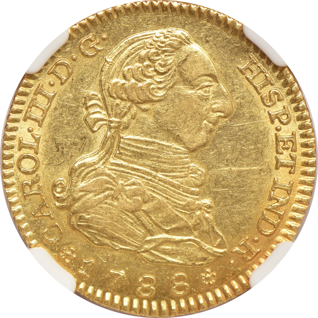 Spain - 1788-M 2 escudos NGC AU-58, and an 1835-M 80 reales PCGS VF-30