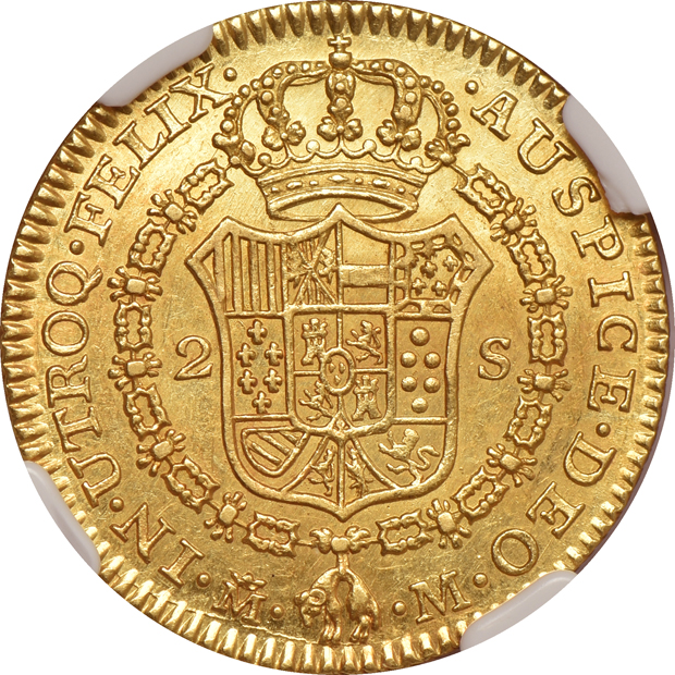 Spain - 1788-M 2 escudos NGC AU-58, and an 1835-M 80 reales PCGS VF-30