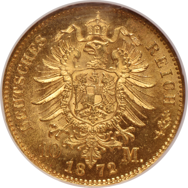 Germany - Five 1872-A Prussia 10 mark - NGC MS-65