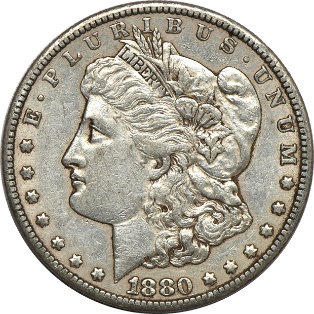 Ten 1880-CC Morgan silver dollars