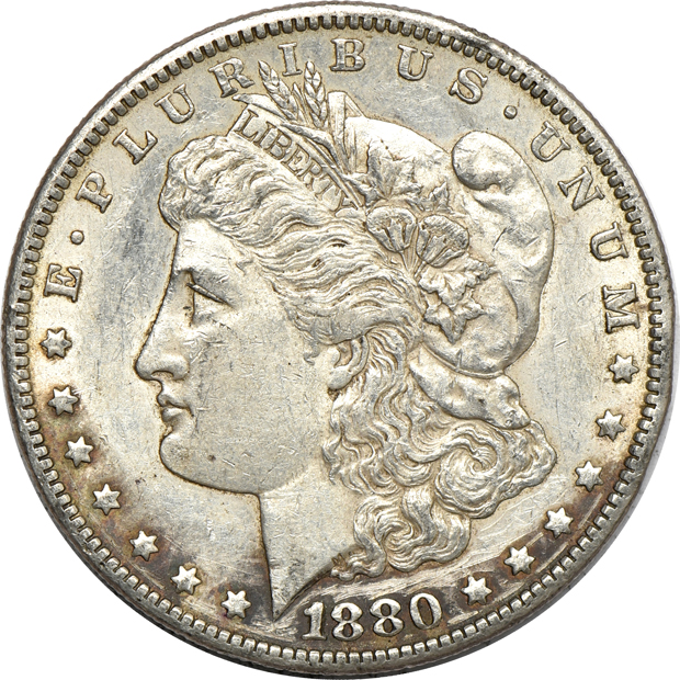 Ten 1880-CC Morgan silver dollars