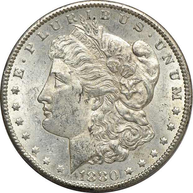Ten 1880-CC Morgan silver dollars