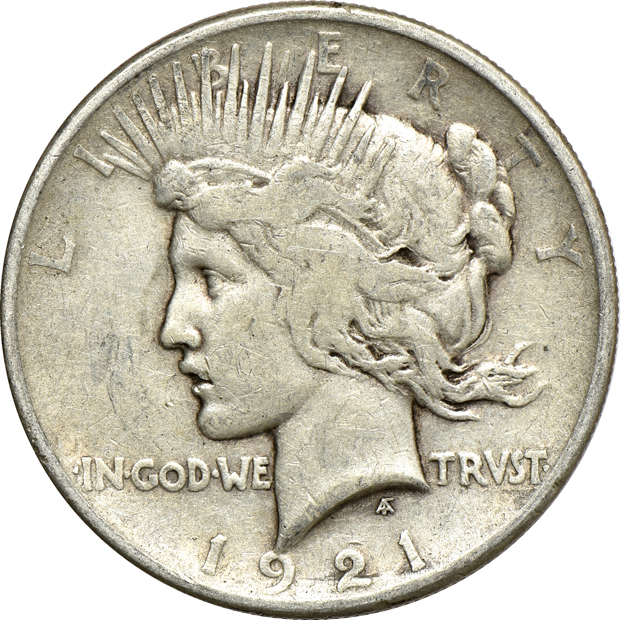 Twenty 1921 Peace silver dollars, F to XF