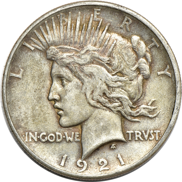 Twenty 1921 Peace silver dollars, F to XF