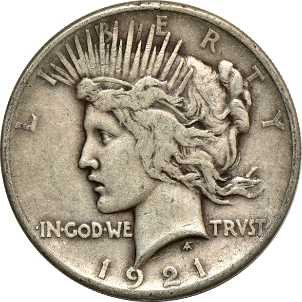 Twenty 1921 Peace silver dollars, F to XF