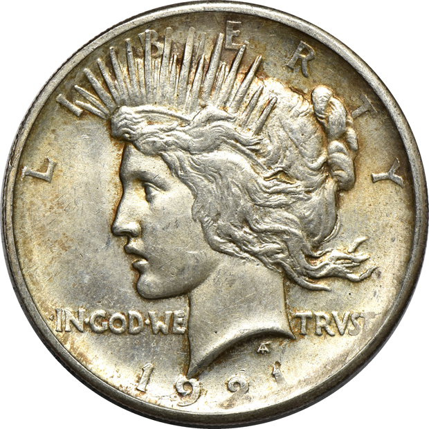 Twenty 1921 Peace silver dollars, AU