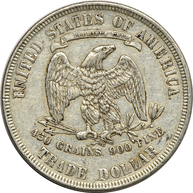 1859-O and 1872 Liberty Seated dollars, plus an 1877 Trade dollar, as described