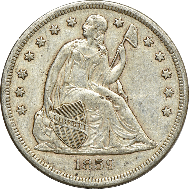 1859-O and 1872 Liberty Seated dollars, plus an 1877 Trade dollar, as described