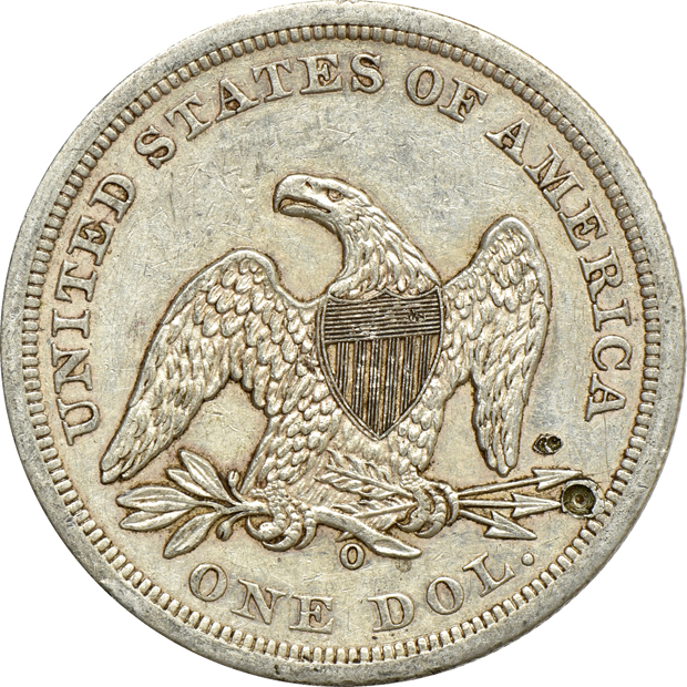 1859-O and 1872 Liberty Seated dollars, plus an 1877 Trade dollar, as described