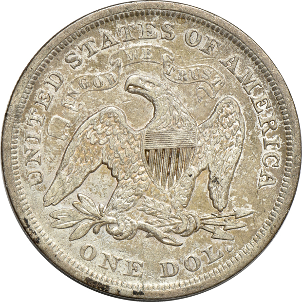 1859-O and 1872 Liberty Seated dollars, plus an 1877 Trade dollar, as described