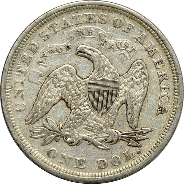 Four Liberty Seated dollars, as described