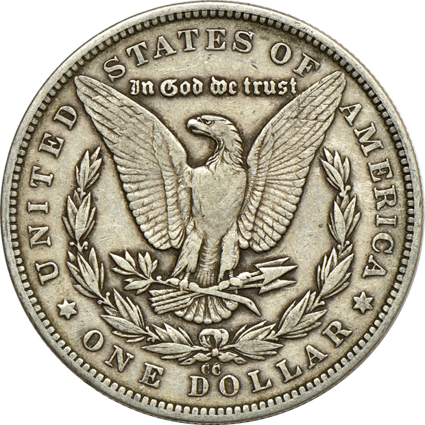Three 1879-CC Morgan silver dollars, VF