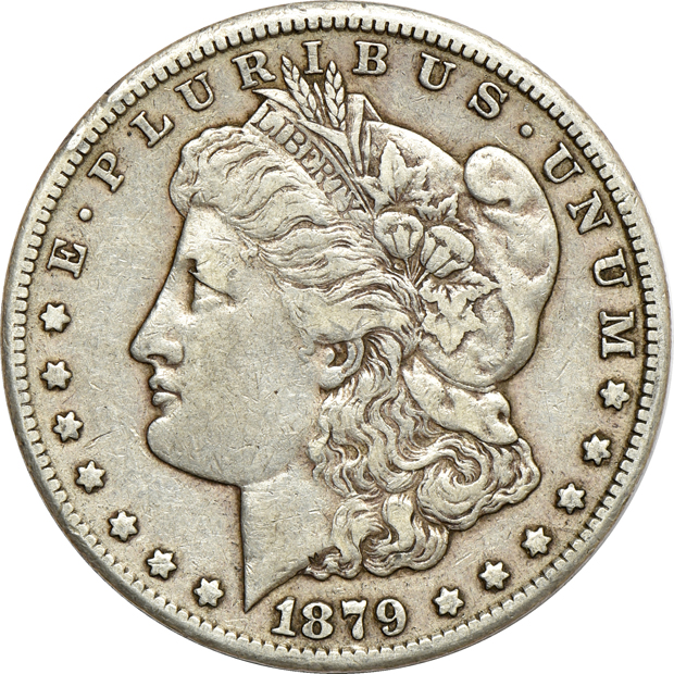 Three 1879-CC Morgan silver dollars, VF