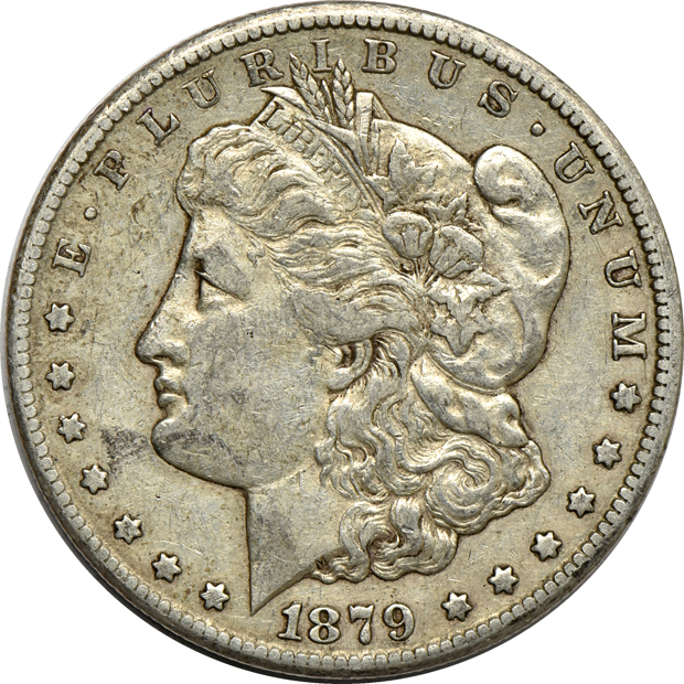 Three 1879-CC Morgan silver dollars, VF