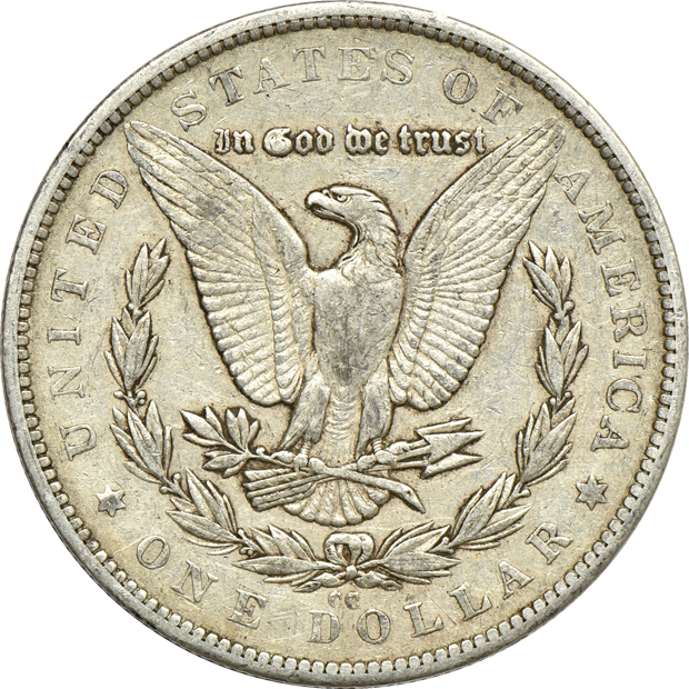 Three 1879-CC Morgan silver dollars, VF