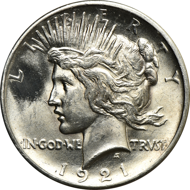 Thirty-four Morgan silver dollars, plus six 1921 Peace dollars