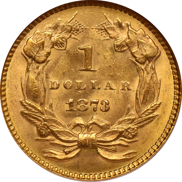 1857 ANACS XF-45, 1873 Open 3 NGC MS-62, and an 1874 NGC AU-58