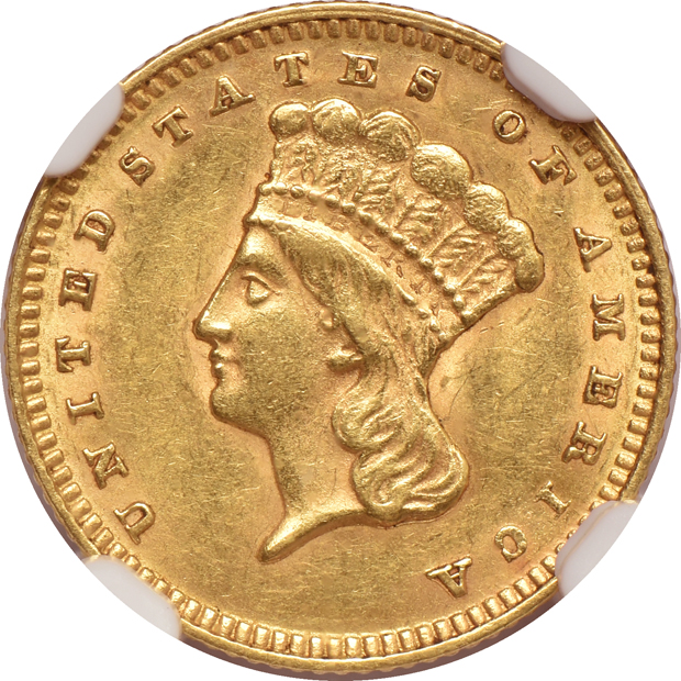 1857 ANACS XF-45, 1873 Open 3 NGC MS-62, and an 1874 NGC AU-58