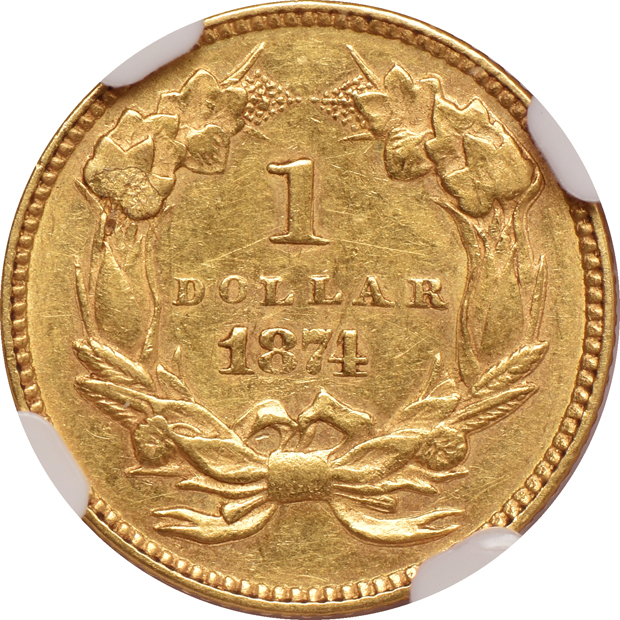 1857 ANACS XF-45, 1873 Open 3 NGC MS-62, and an 1874 NGC AU-58