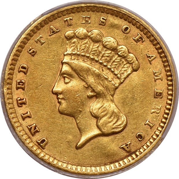 1857 ANACS XF-45, 1873 Open 3 NGC MS-62, and an 1874 NGC AU-58