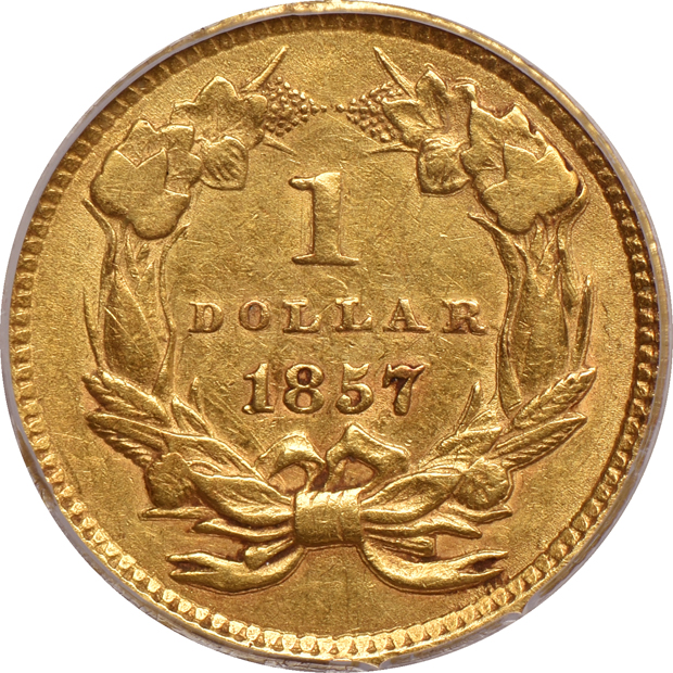 1857 ANACS XF-45, 1873 Open 3 NGC MS-62, and an 1874 NGC AU-58