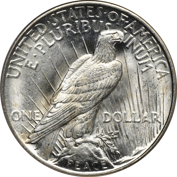 Six certified Peace silver dollars