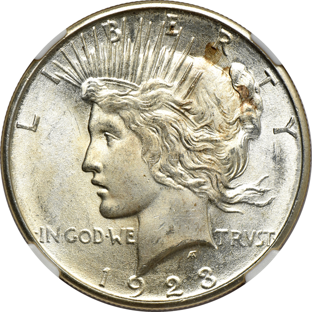 Six certified Peace silver dollars