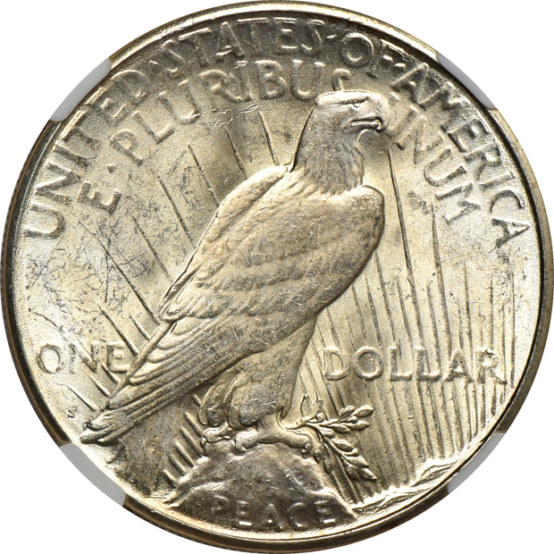 Six certified Peace silver dollars