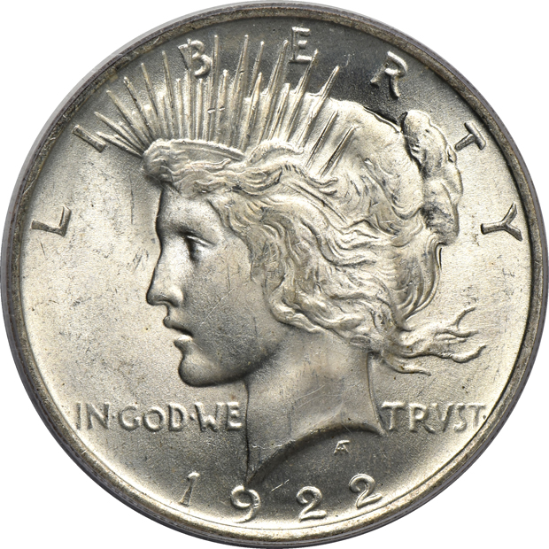 Six certified Peace silver dollars