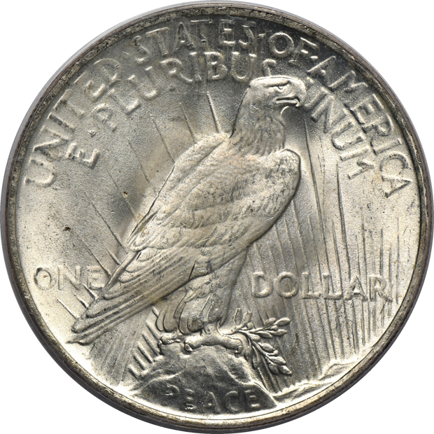 Six certified Peace silver dollars