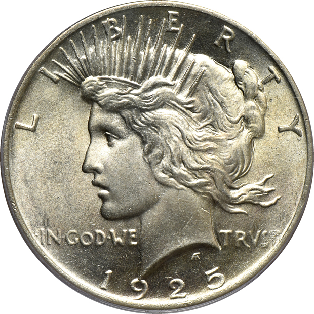 Five certified Peace silver dollars