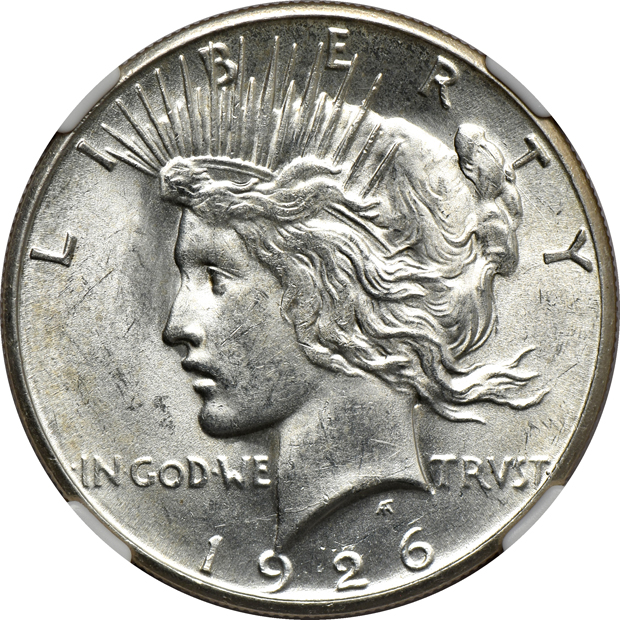 Five certified Peace silver dollars