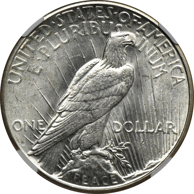 Five certified Peace silver dollars
