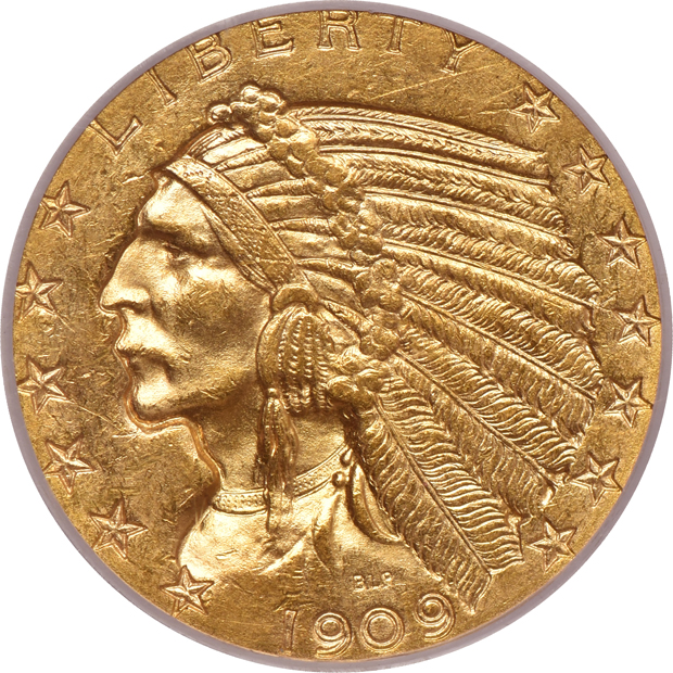 Five certified Indian Head half eagles