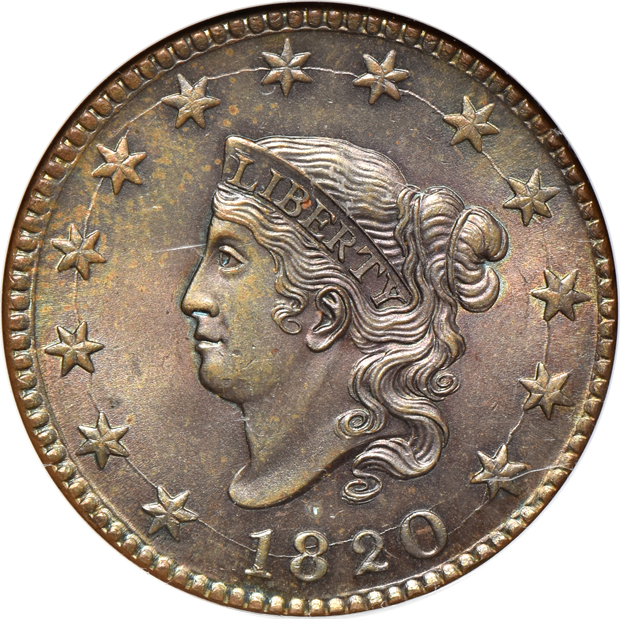 1820 Large Date MS-64 BN, and an 1853 MS-65 BN, both NGC