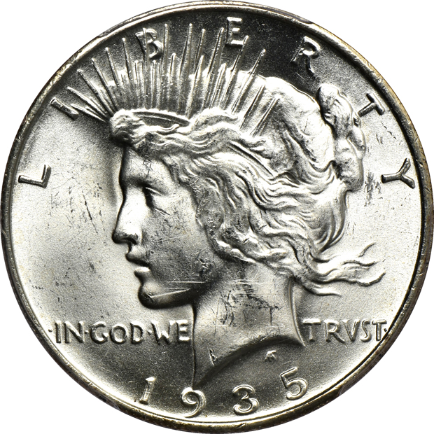 Four certified Peace silver dollars