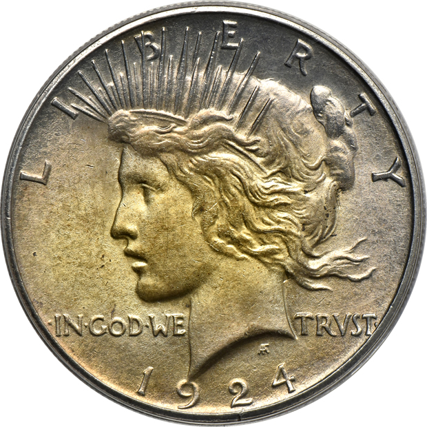 Eleven certified Peace silver dollars