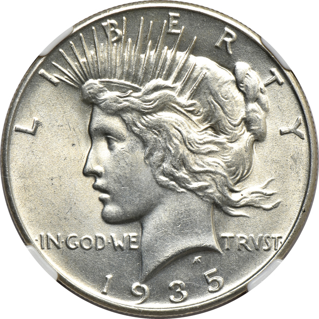 Eleven certified Peace silver dollars