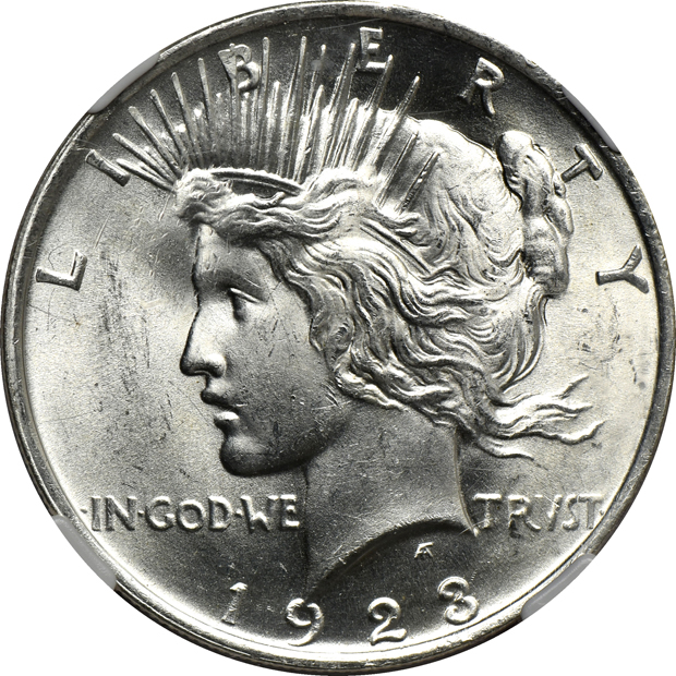 Eleven certified Peace silver dollars