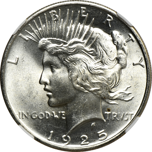 Eleven certified Peace silver dollars