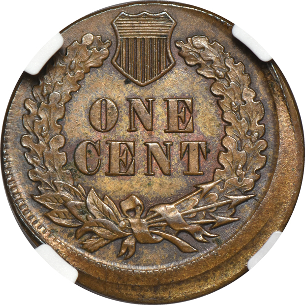 1902 Indian-Head cent, struck 5% off center, NGC MS-63 BN
