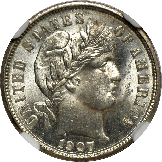 1907 Indian Head cent PCGS MS-65BN, 1907 Liberty nickel PCGS MS-64, and a 1907 Barber dime NGC MS-64