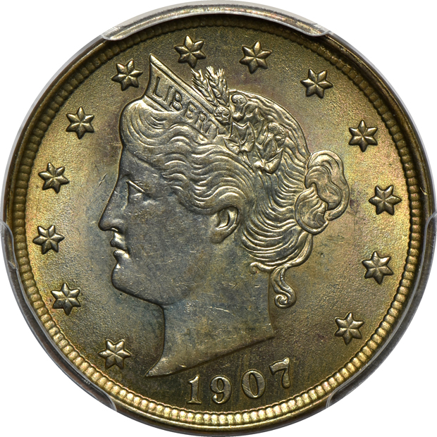 1907 Indian Head cent PCGS MS-65BN, 1907 Liberty nickel PCGS MS-64, and a 1907 Barber dime NGC MS-64