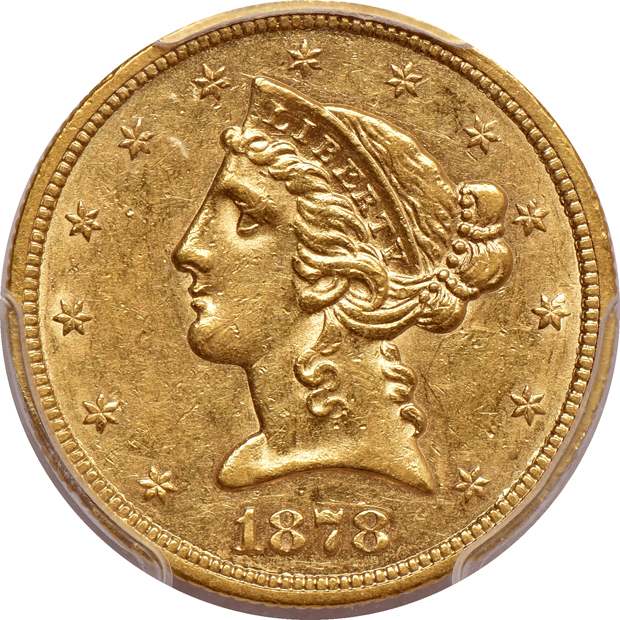 1878-S Liberty Head half eagle and a 1913-S Indian Head half eagle, both PCGS AU-55