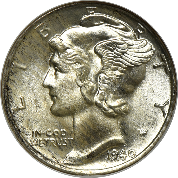 1913 Type 1 Buffalo nickel NGC MS-66, 1940 Mercury dime MS-67 CAC, 1944-S Mercury dime MS-67 FB CAC, and a 1953 Washington quarter PCGS PF-67CAM